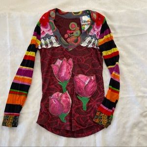 Desigual fitted patchwork embroidered top.  Large